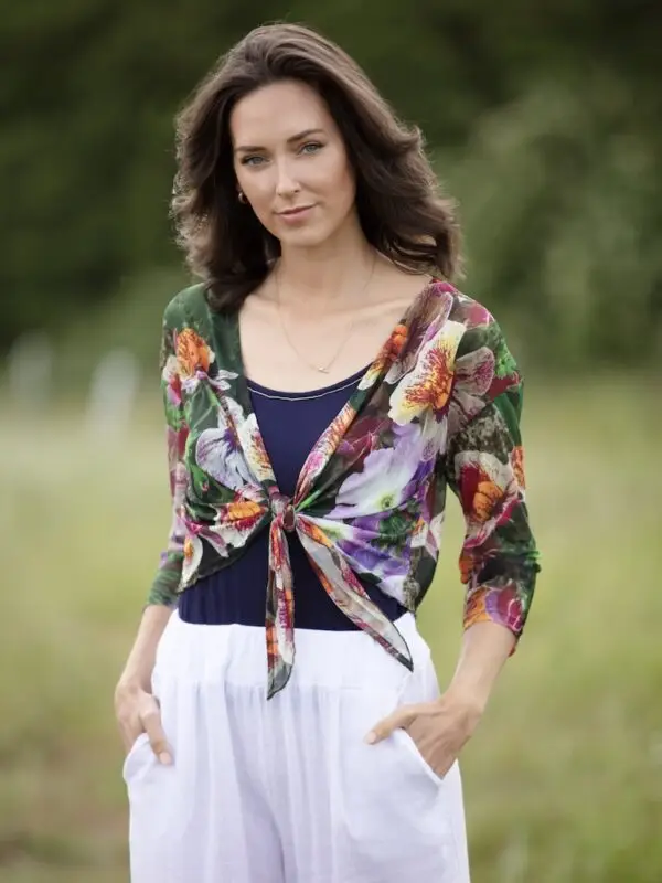 Pansy Pop Mesh Shrug by From My Mother's Garden is a colour piece that looks great over a black or green dress for example, or equally over a vest top