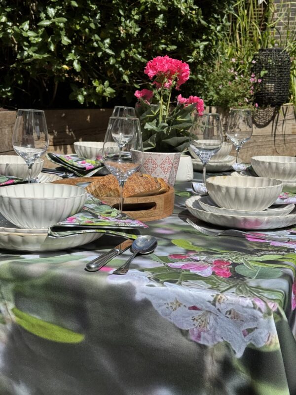 From My Mother's Garden Blossom Table Cloth in a thick cotton fabric, made in England