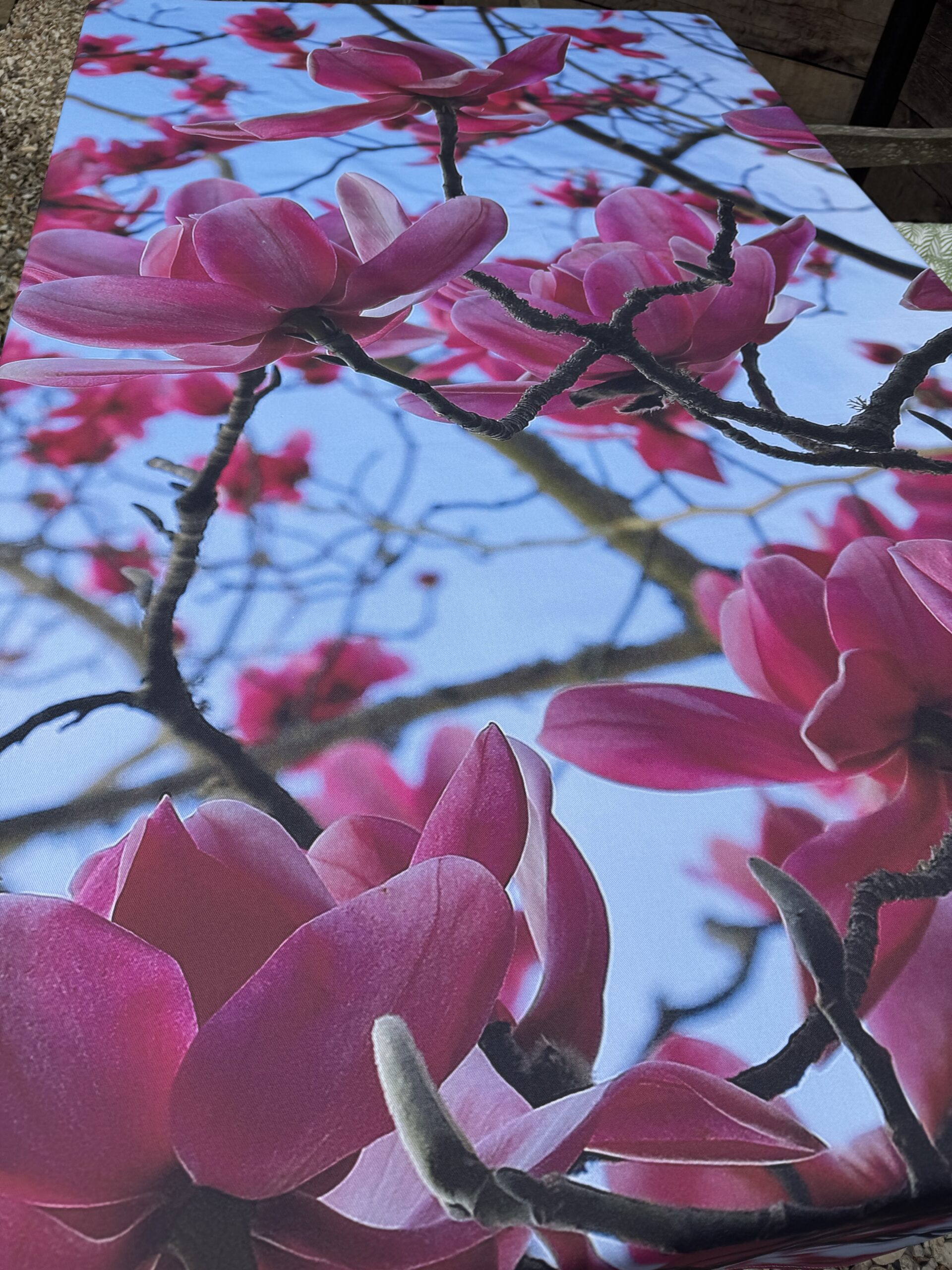 From My Mother's Garden Magnolia table cloth made of a heavyweight cotton drill