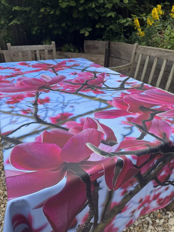 From My Mother's Garden Magnolia table cloth made of a heavyweight cotton drill