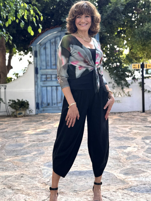 Nymph Mesh Shrug worn with the linen mix Maud Trousers Black