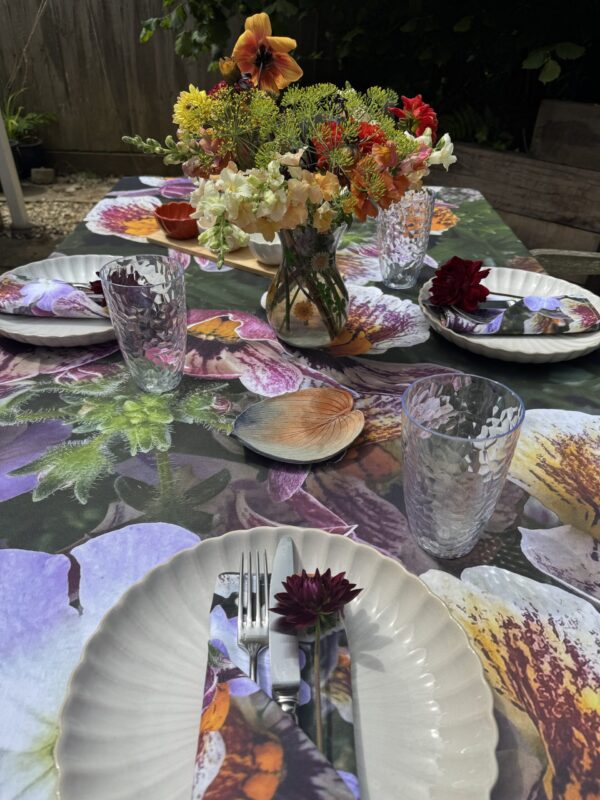 From My Mother's Garden Pansy Pop Table Cloth and Napkins made of a heavyweight cotton drill