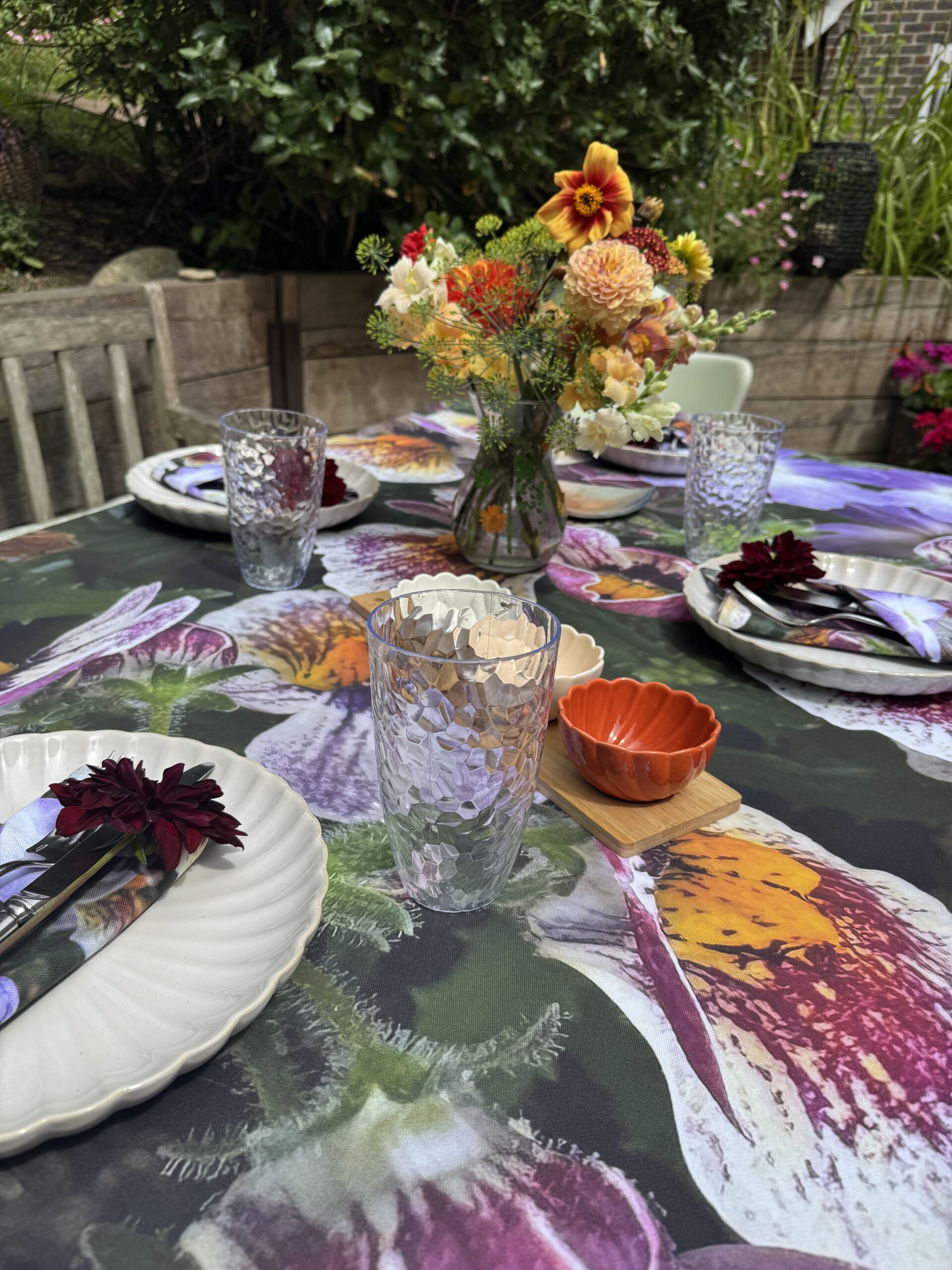 From My Mother's Garden Pansy Pop Table Cloth and Napkins made of a heavyweight cotton drill