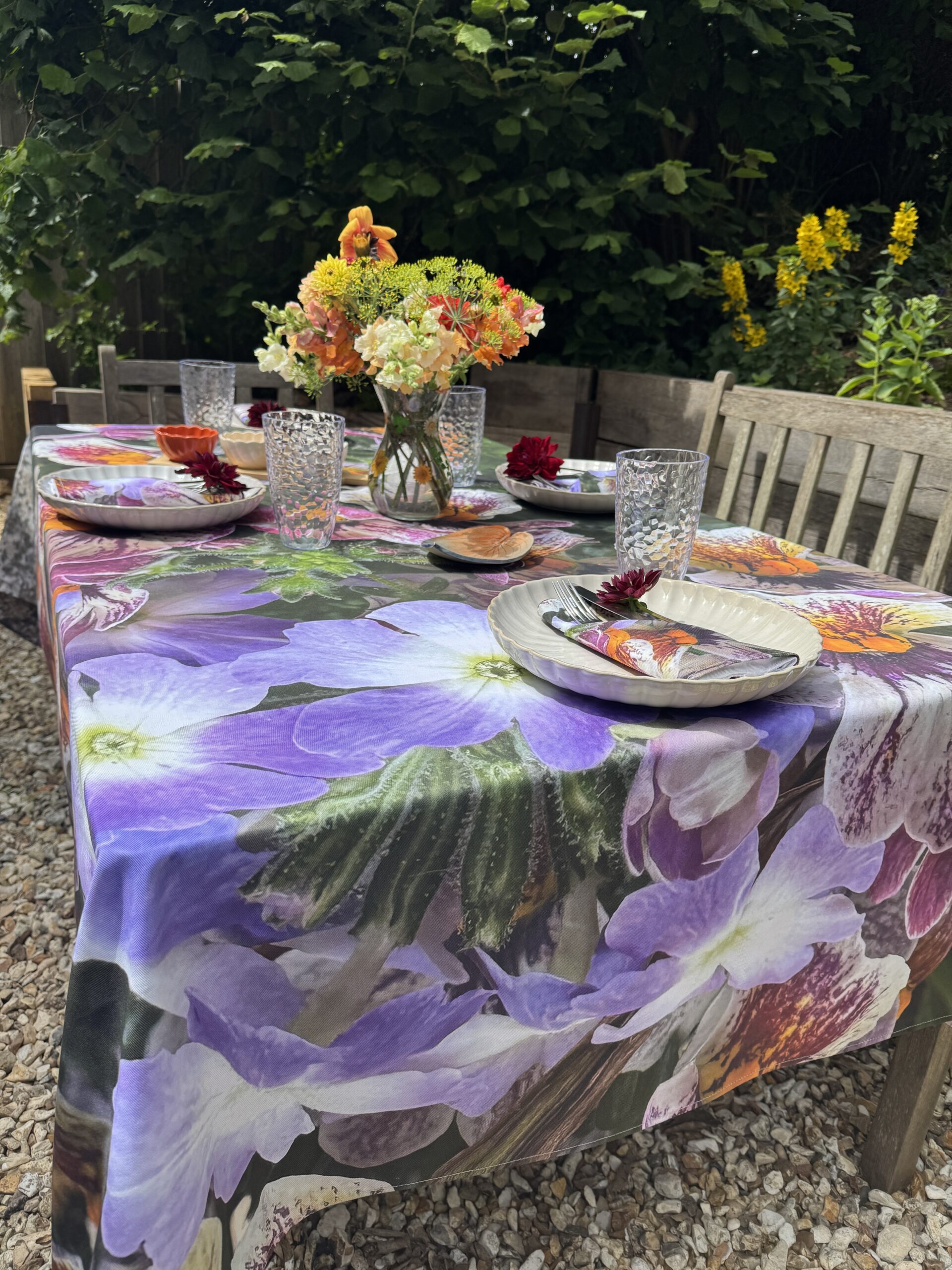 From My Mother's Garden Pansy Pop Table Cloth and Napkins made of a heavyweight cotton drill