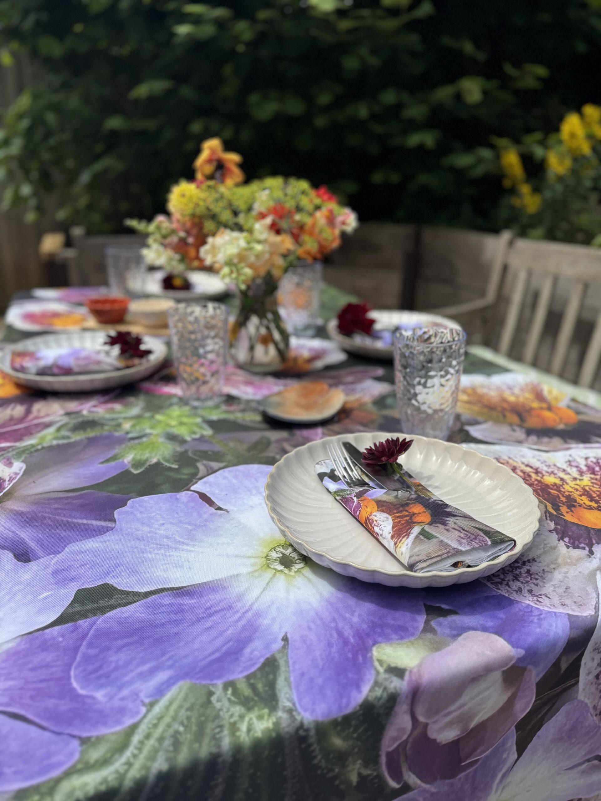 From My Mother's Garden Pansy Pop Table Cloth and Napkins made of a heavyweight cotton drill