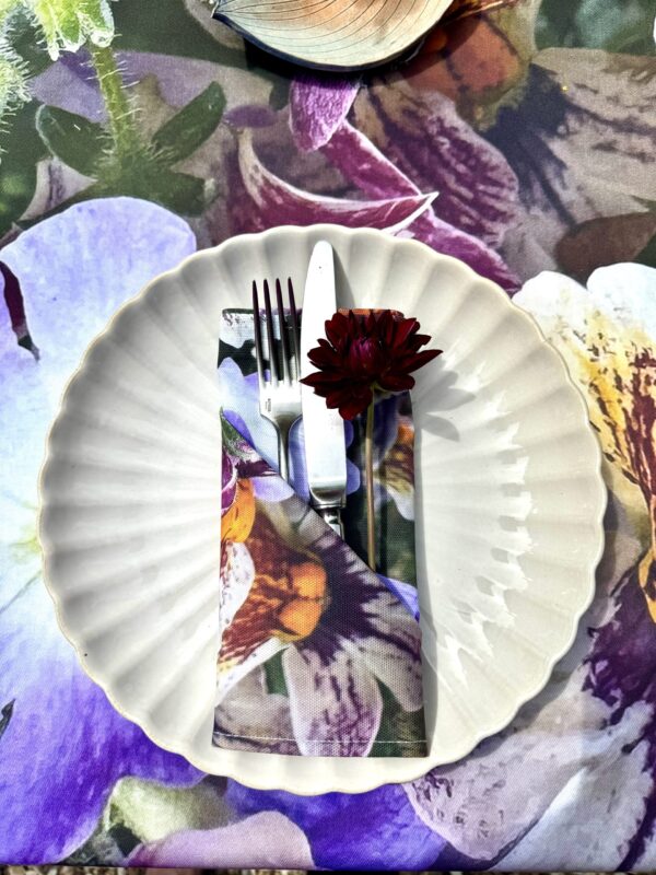 From My Mother's Garden Pansy Pop Table Cloth and Napkins made of a heavyweight cotton drill