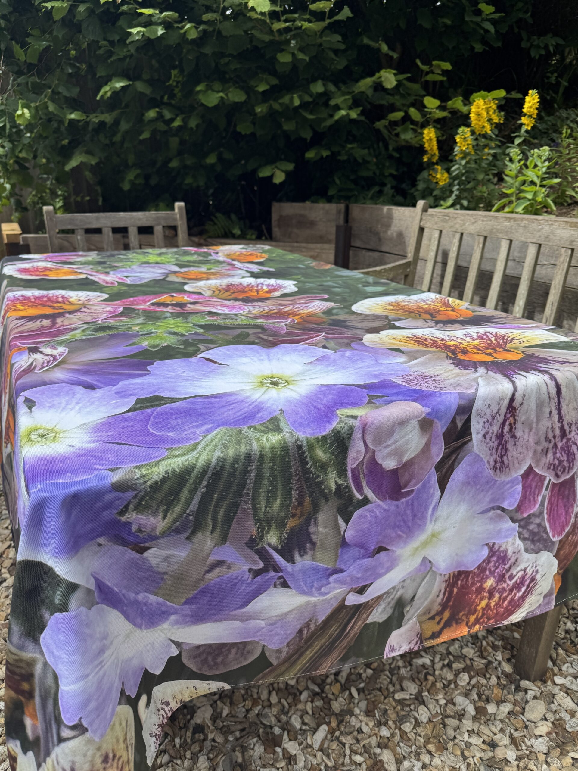 From My Mother's Garden Pansy Pop Table Cloth and Napkins made of a heavyweight cotton drill