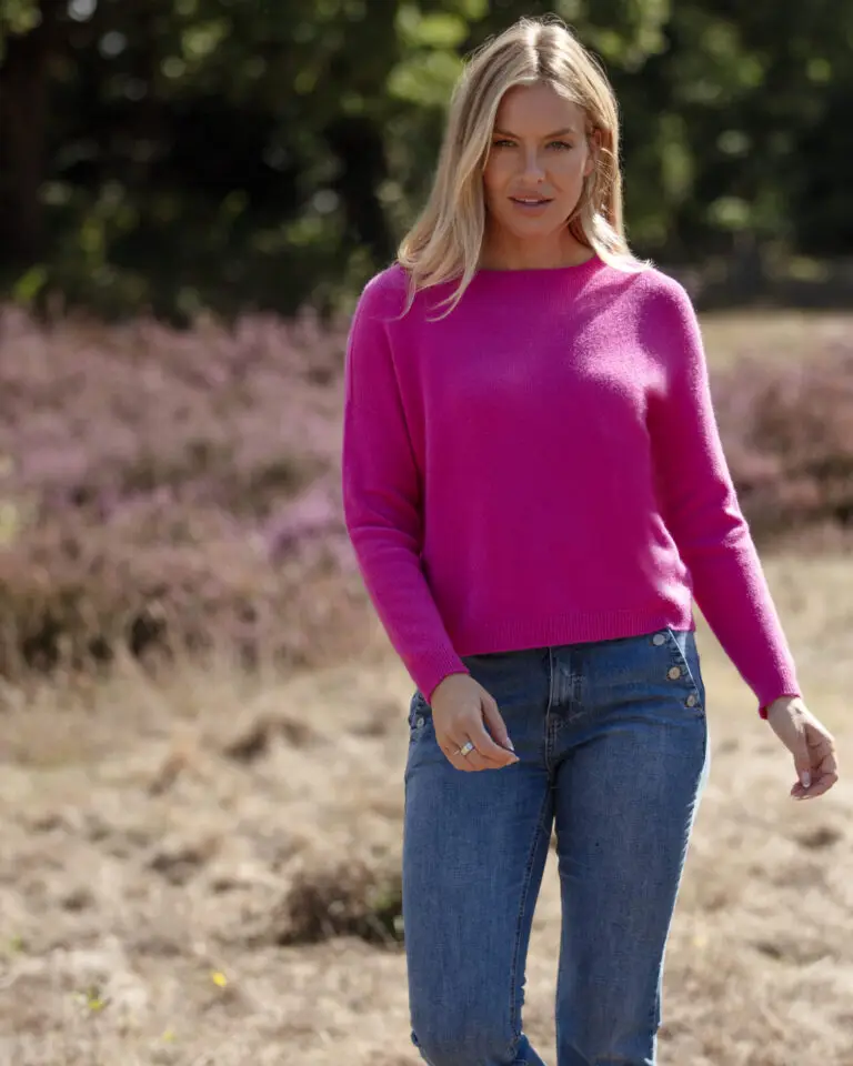 The From My Mother's Garden Fuchsia jumper has a dropped shoulder and full length sleeve makes for a flattering silhouette