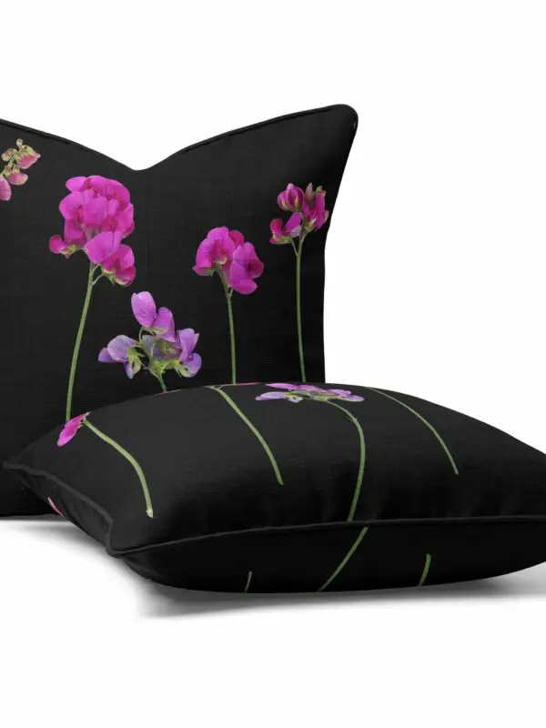 Welcome to our new range of cushions from British design label, From My Mother’s Garden. The Sweetpea on Black velvet cushions are made of a quality velour