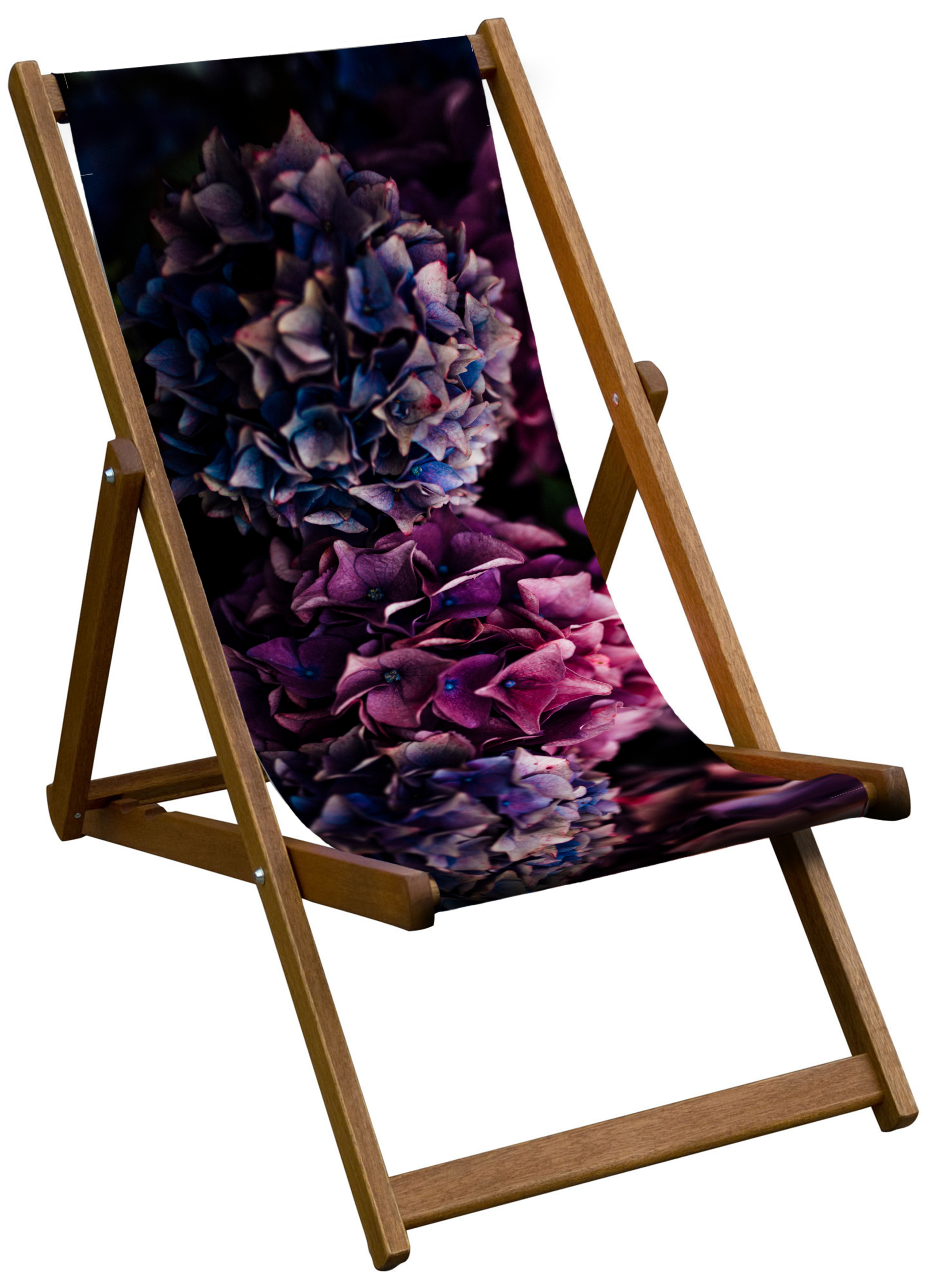 Luxurious hydrangea deckchair with durable sailcloth sling and solid birch wood frame. Handmade in the UK using FSC wood—bold, elegant outdoor seating