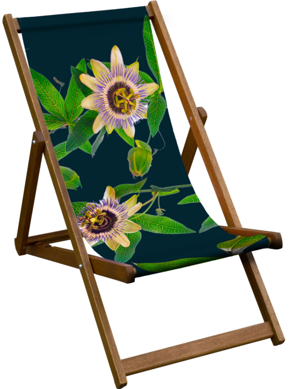 Striking Passionflower deckchair with durable sailcloth sling and solid teak wood frame. Handmade in the UK using FSC wood—bold, elegant outdoor seating.