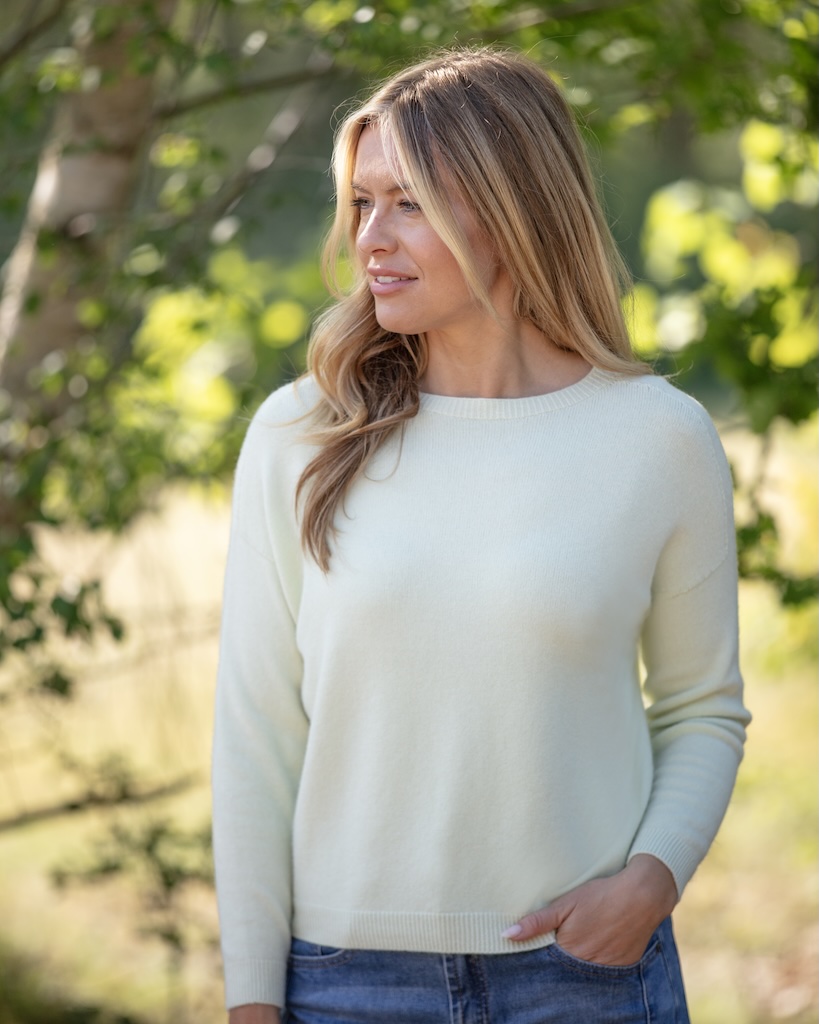 Women’s soft sage sweater with relaxed dropped shoulder fit and full-length sleeves