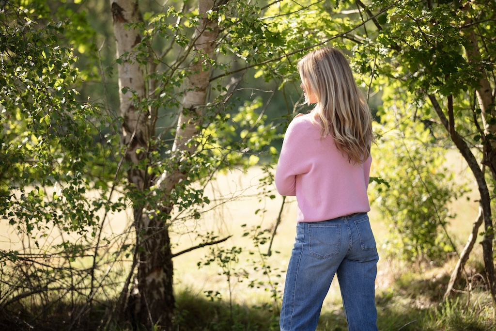 Back of the soft pink cashmere feel From My Mother's Garden jumper